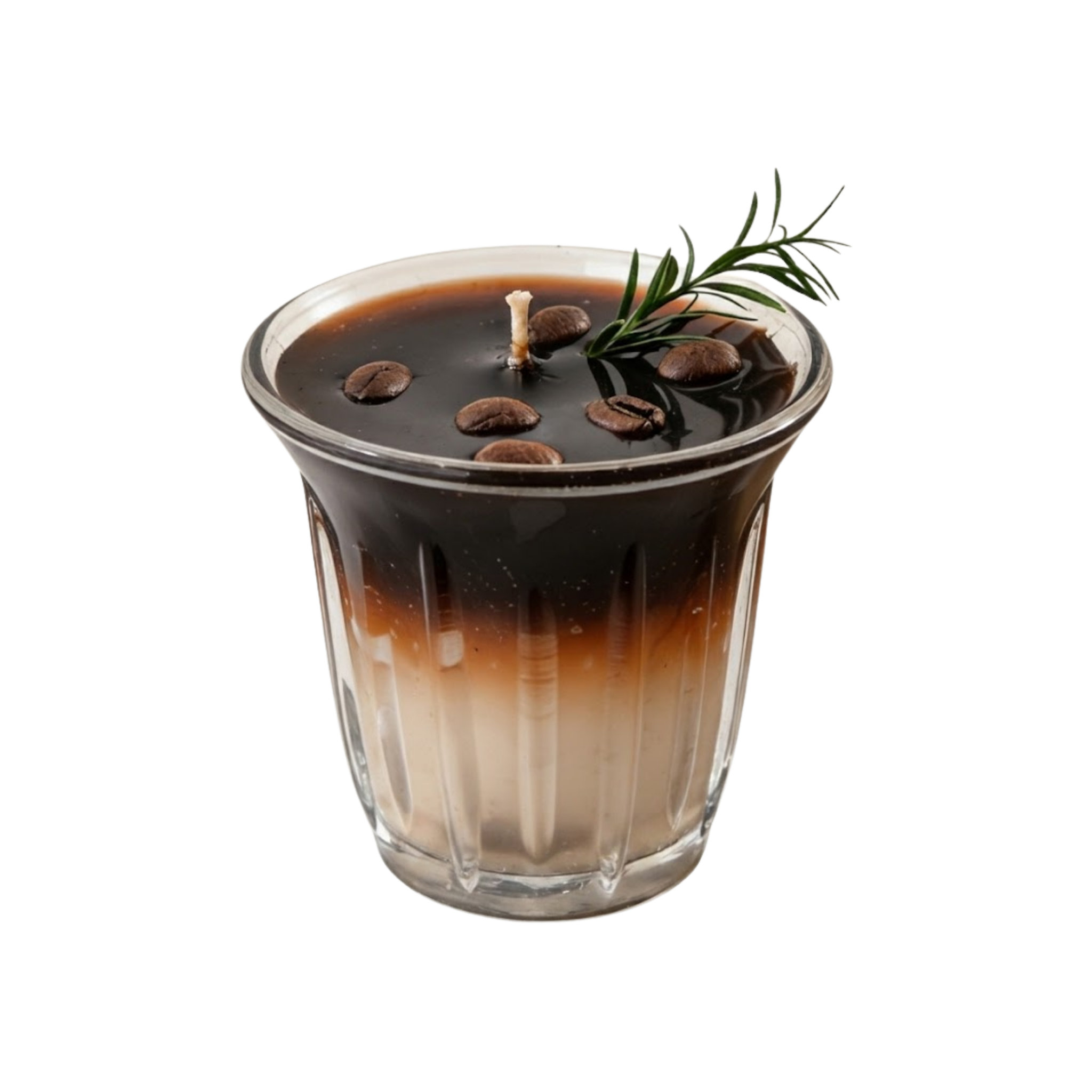 A glass jar candle with a dark brown and light beige layered design, topped with coffee beans and a green rosemary sprig, isolated on a white background.