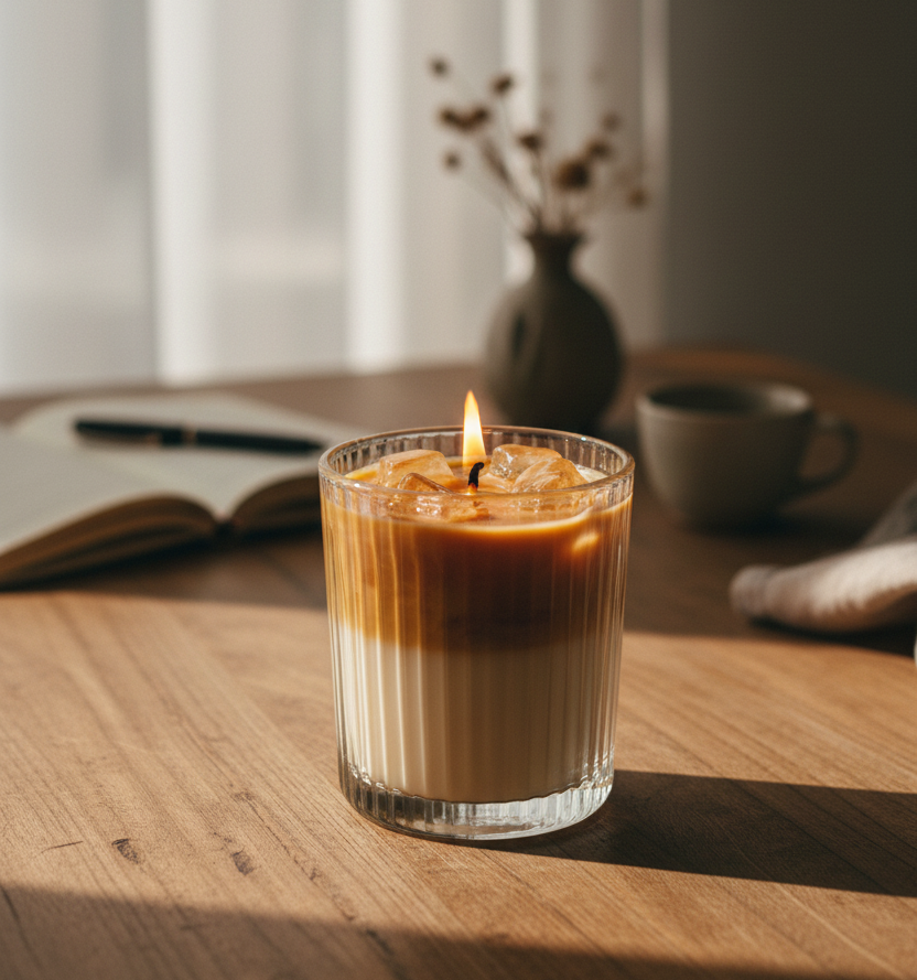 A lit candle in a ribbed clear glass jar sits on a wooden table in warm natural light, with an open book, pen, mug, and small vase in the softly blurred background.