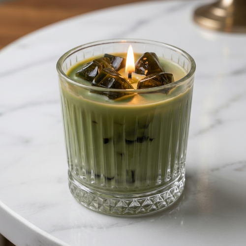 A lit candle in a ribbed clear glass cup, filled with light green wax and topped with dark green wax cubes, set on a white marble surface.